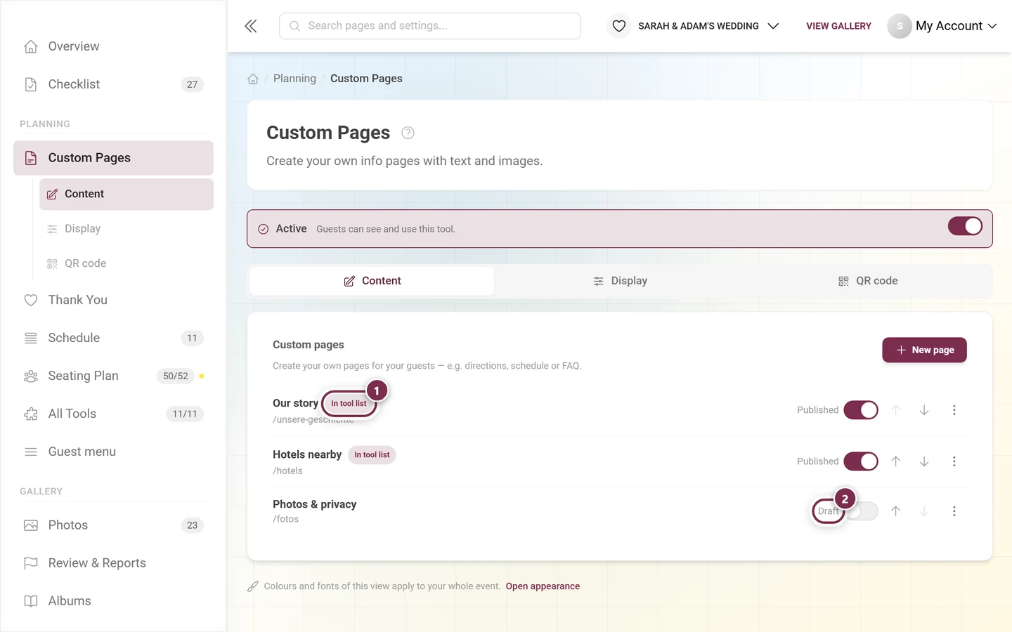 Two rows compared, with the In tool list badge and the Draft status highlighted