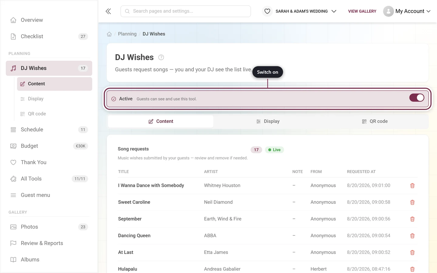DJ wishes editor with the master switch highlighted