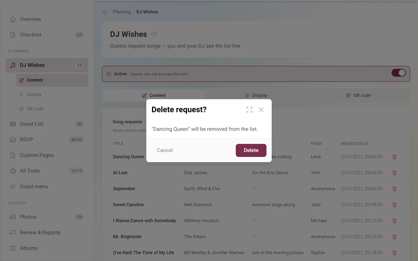 Delete request confirmation naming the request in question