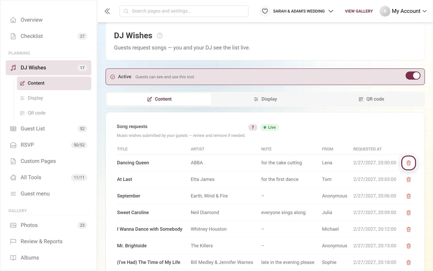 Request list with the bin icon at the end of the first row highlighted
