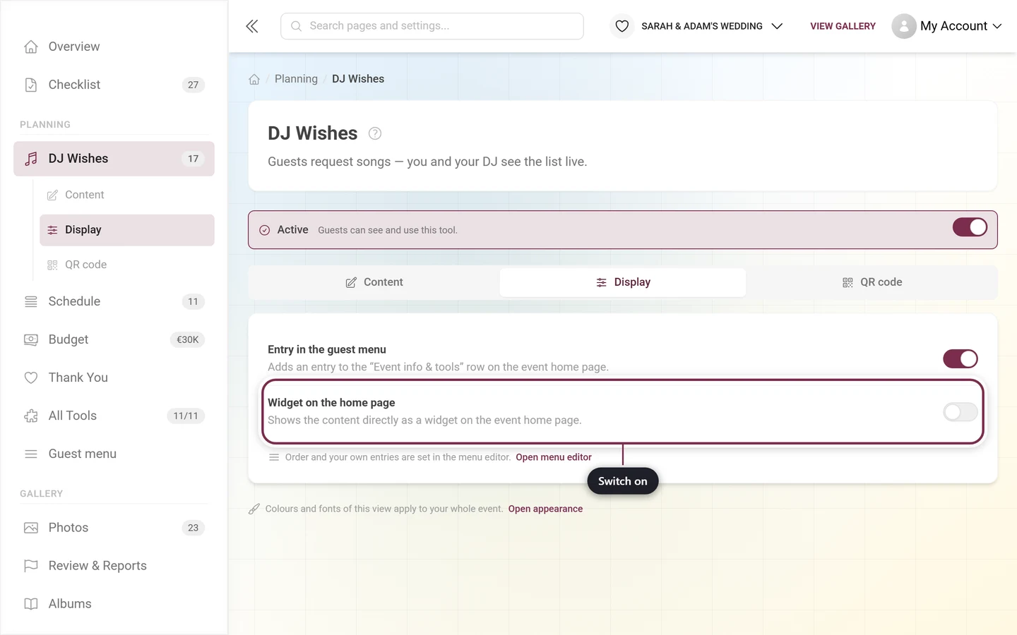 DJ wishes display tab with the widget switch highlighted