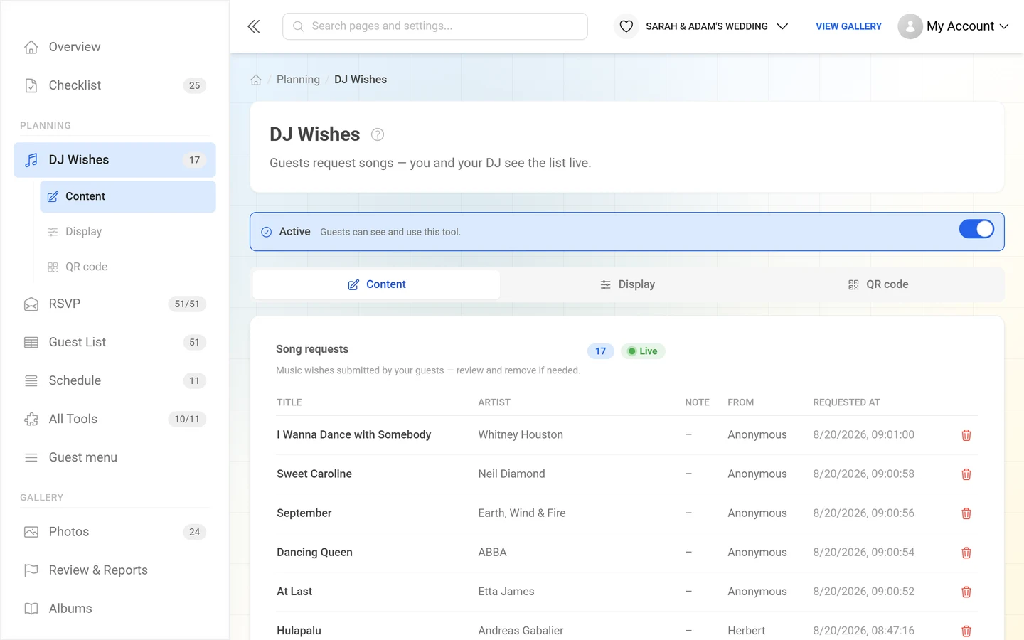 Live list of song requests with title, artist and requester