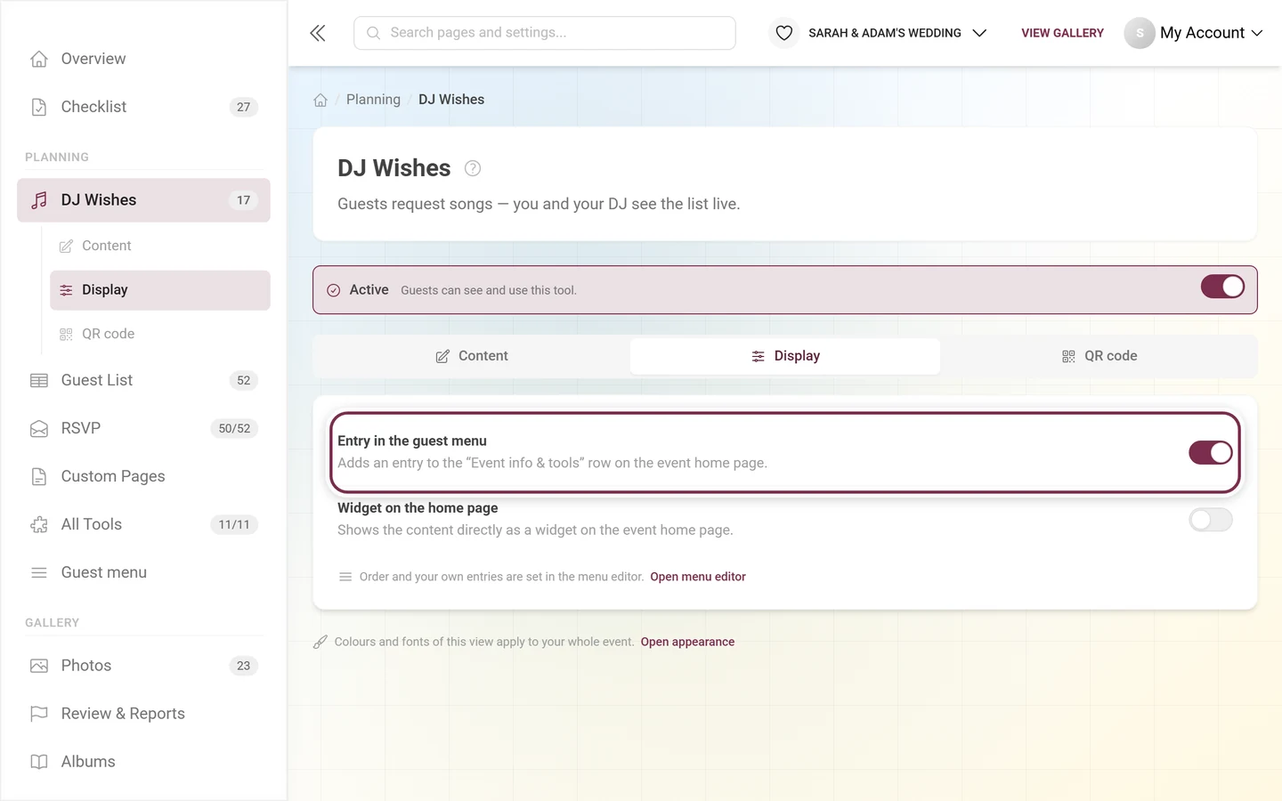 Display tab of the DJ wishes with the Entry in the guest menu switch highlighted