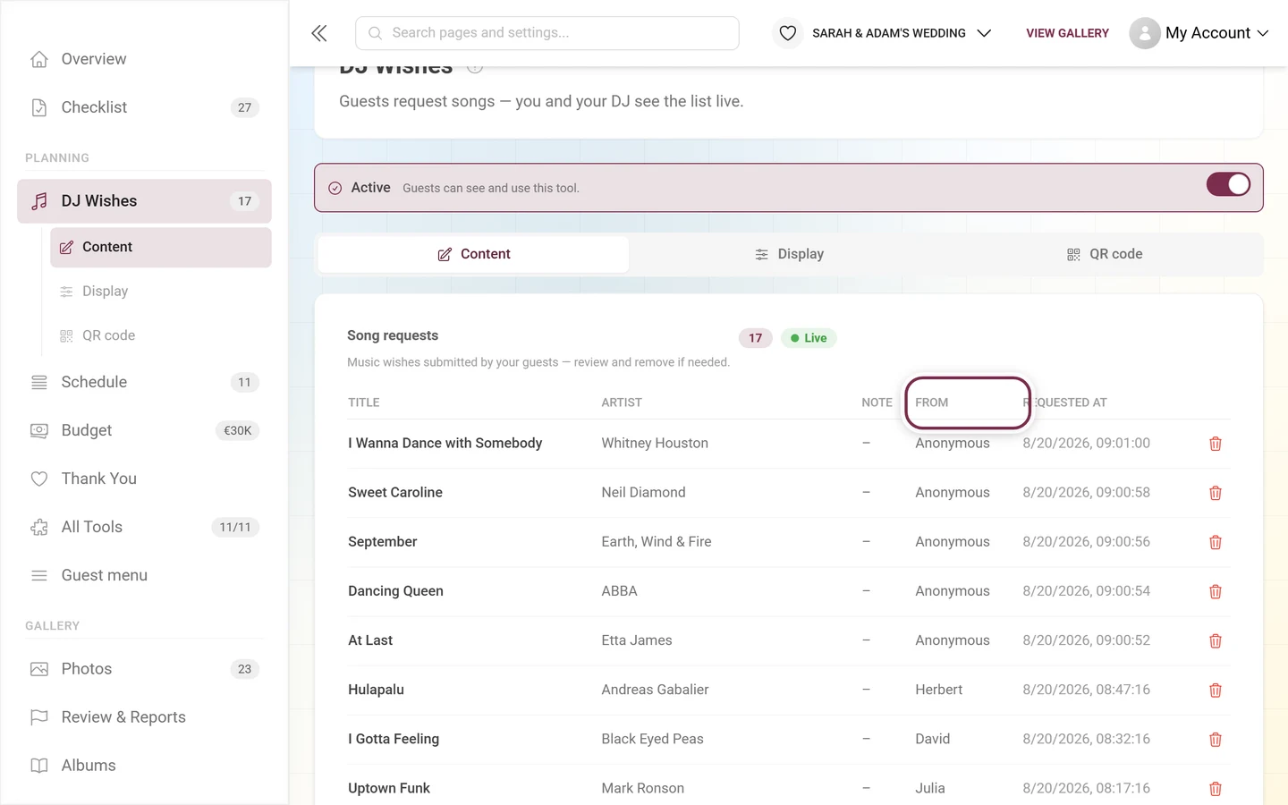 Song request list with the From column highlighted