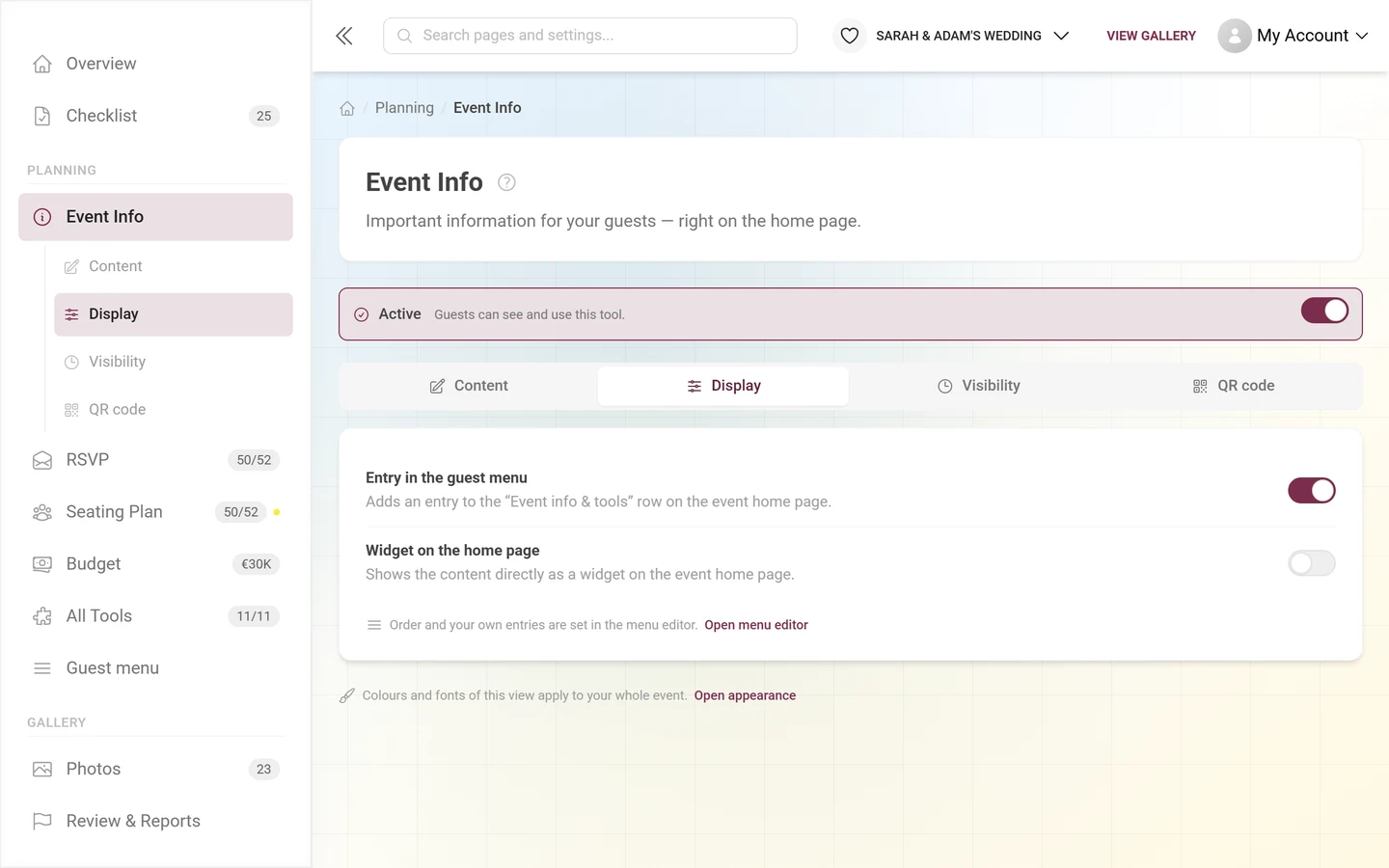 Display tab of the event info tool with the guest menu and widget switches