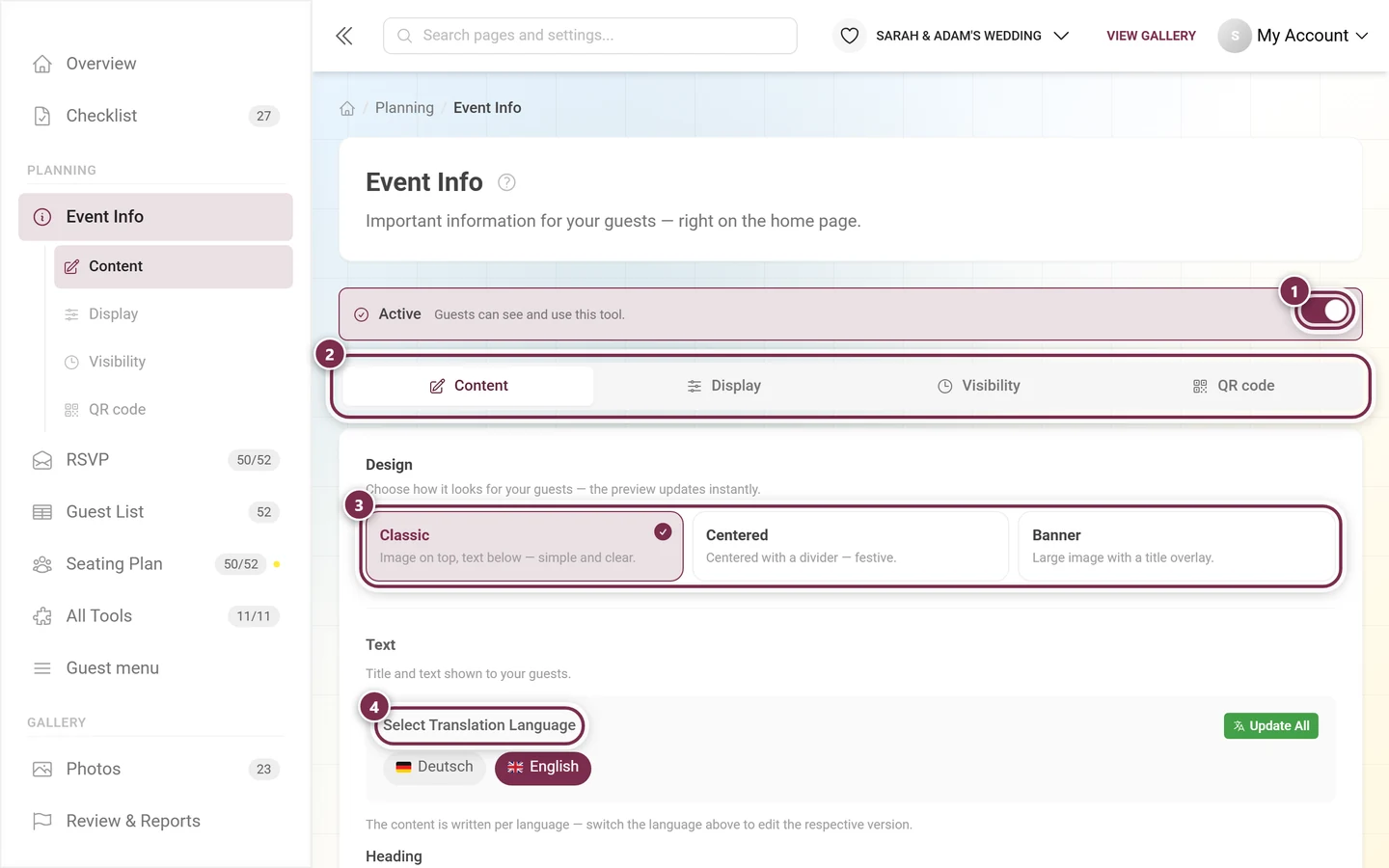 Event info editor with the active switch, tabs, design picker and language switch highlighted