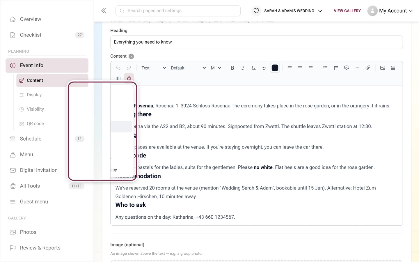 Open Embed tool menu listing the embeddable tools