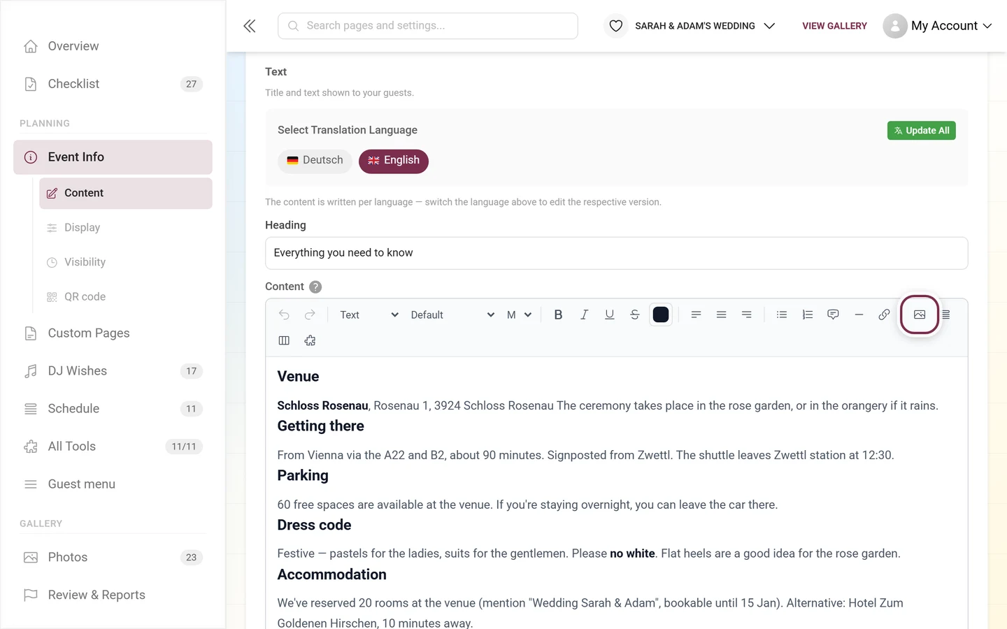 Insert image button in the Event Info editor toolbar