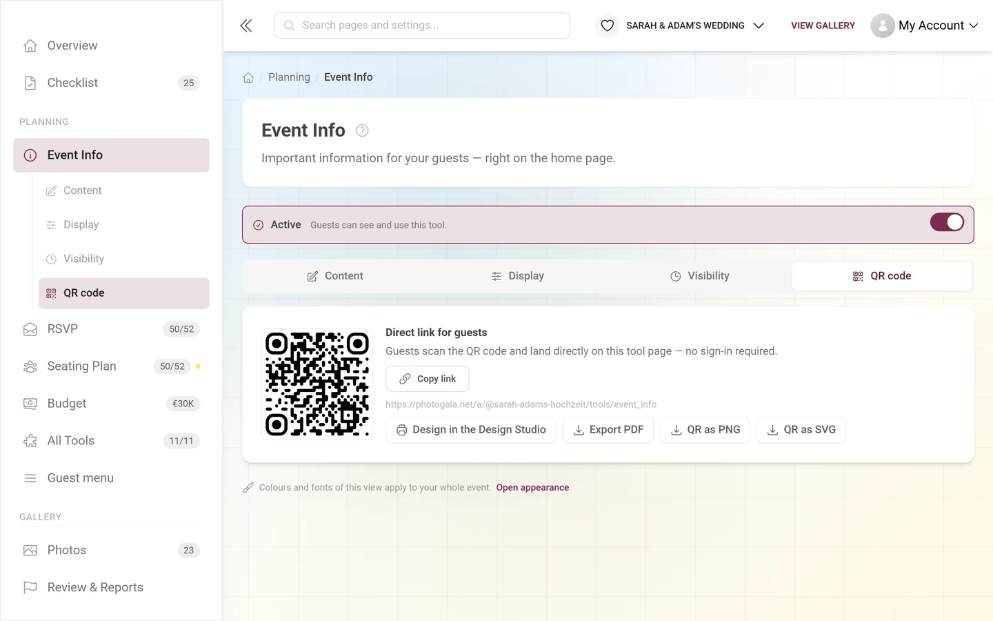 QR code tab of a tool with direct link, QR image and the export buttons