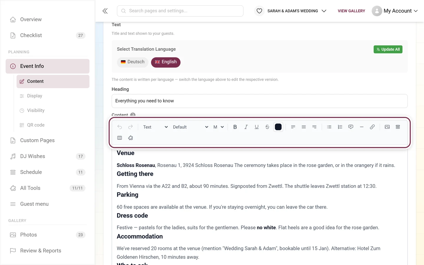 Rich text editor toolbar in the Event Info tool