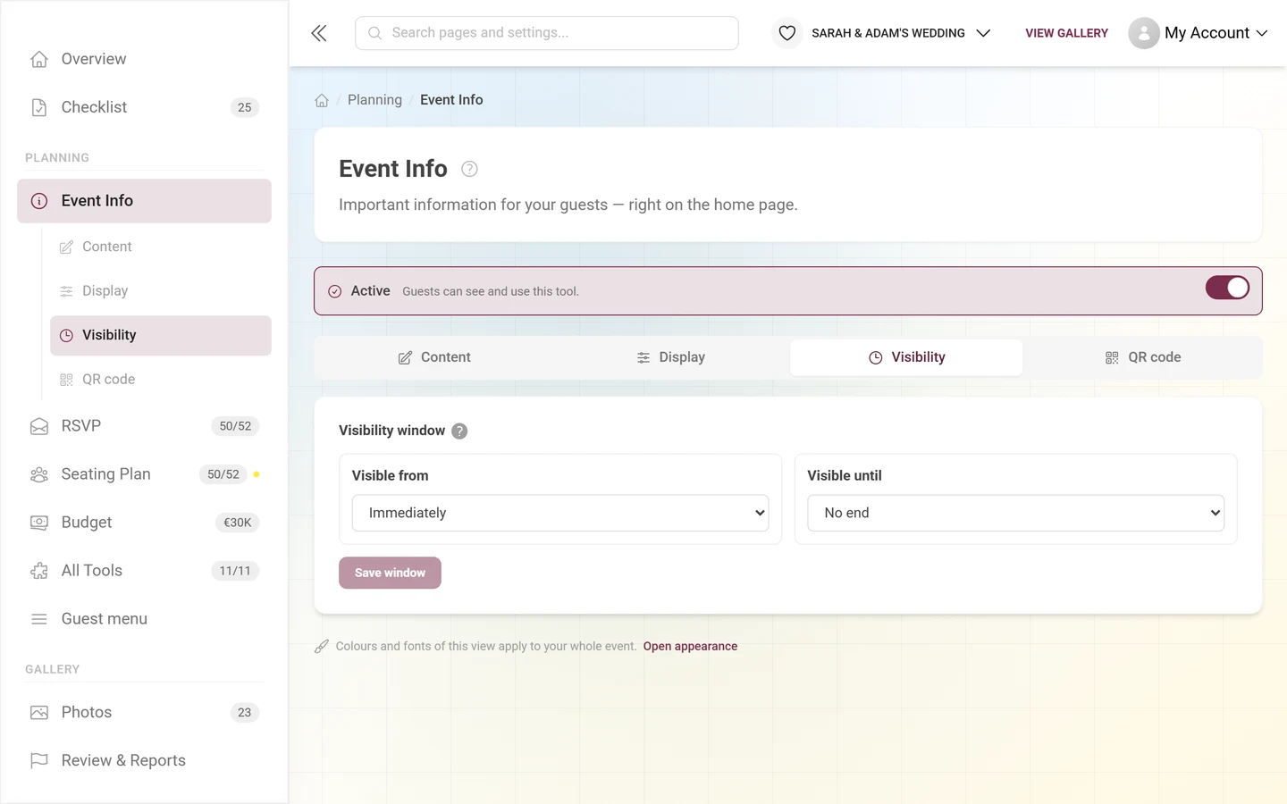 Visibility tab with Visible from Immediately and Visible until Unlimited