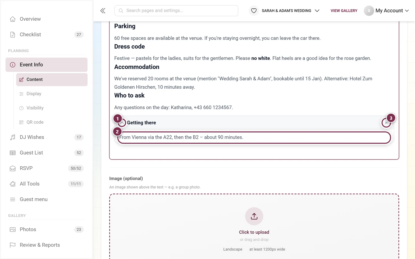 Collapsible section in the editor with title, content area and remove button