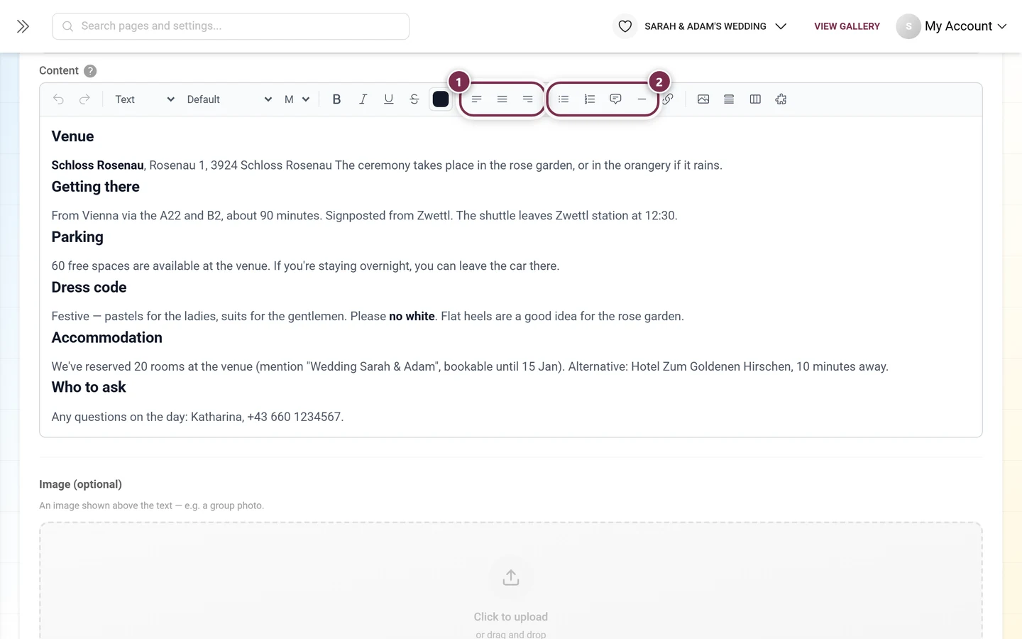 Toolbar with the alignment and list buttons highlighted