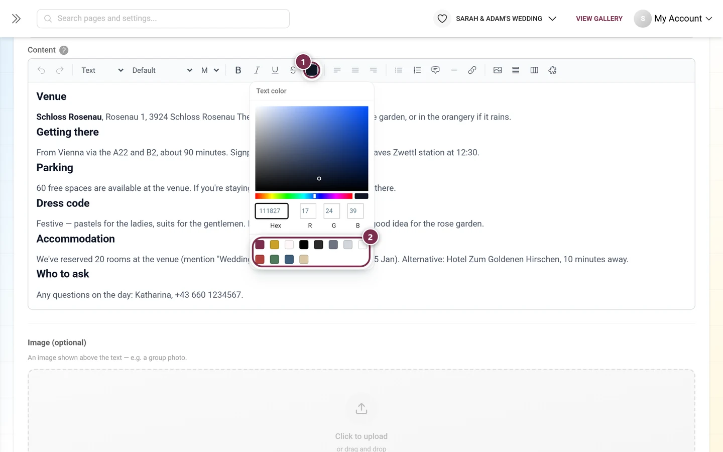 Opened Text color picker with the mixing area on top and the grid of preset colors below
