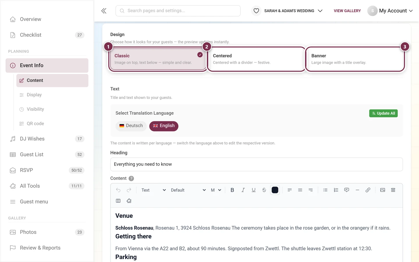 Design block on the Content tab with the three style cards Classic, Centered and Banner
