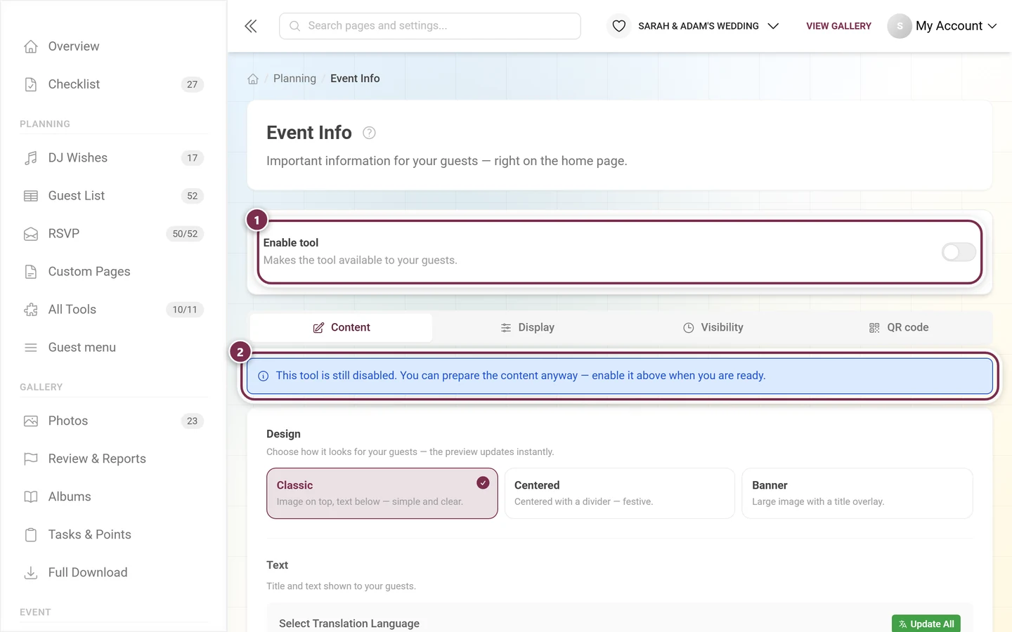 Event Info page with the tool switch turned off and a blue hint below it