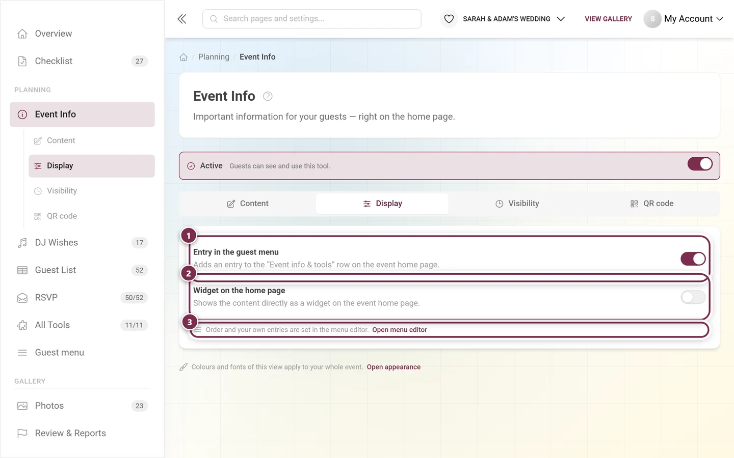 Display tab with the switches for the guest menu entry and the home page widget