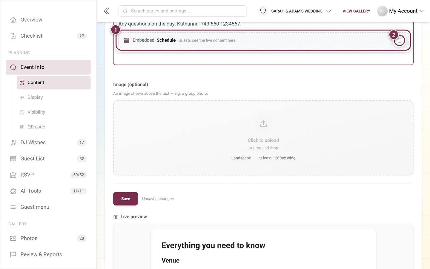 Placeholder card of a tool embed in the editor with a bin button