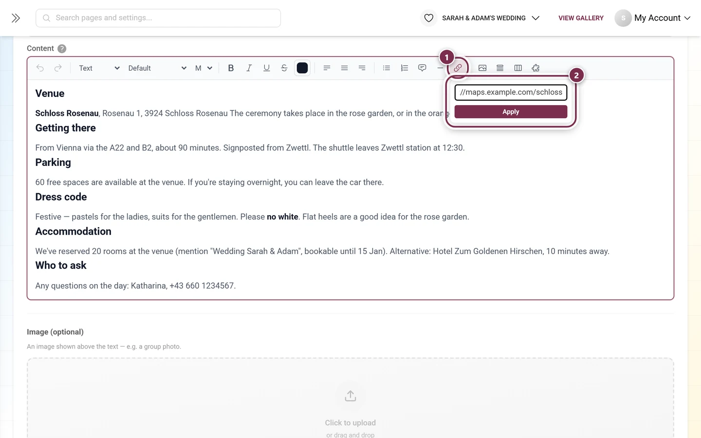 Link button in the toolbar and the opened address input below it