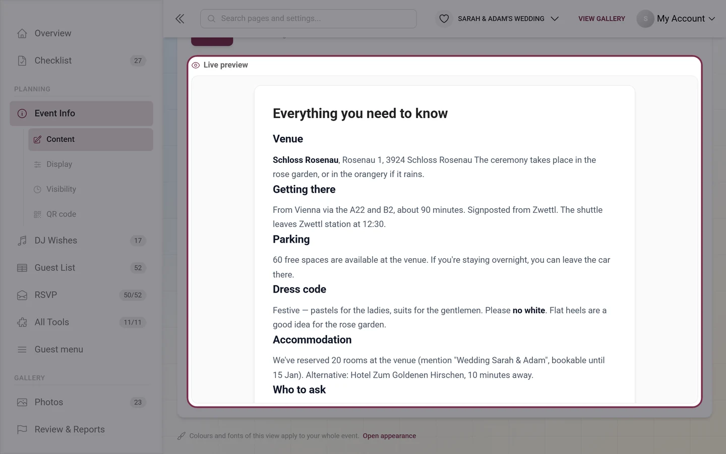 Live preview below the form showing the finished event info