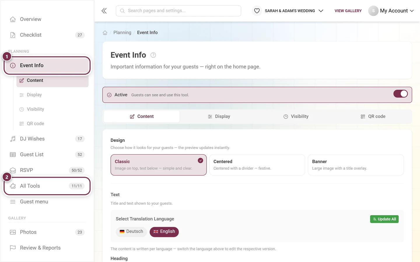 Left navigation sidebar with the Event Info entry unfolded and the All tools entry