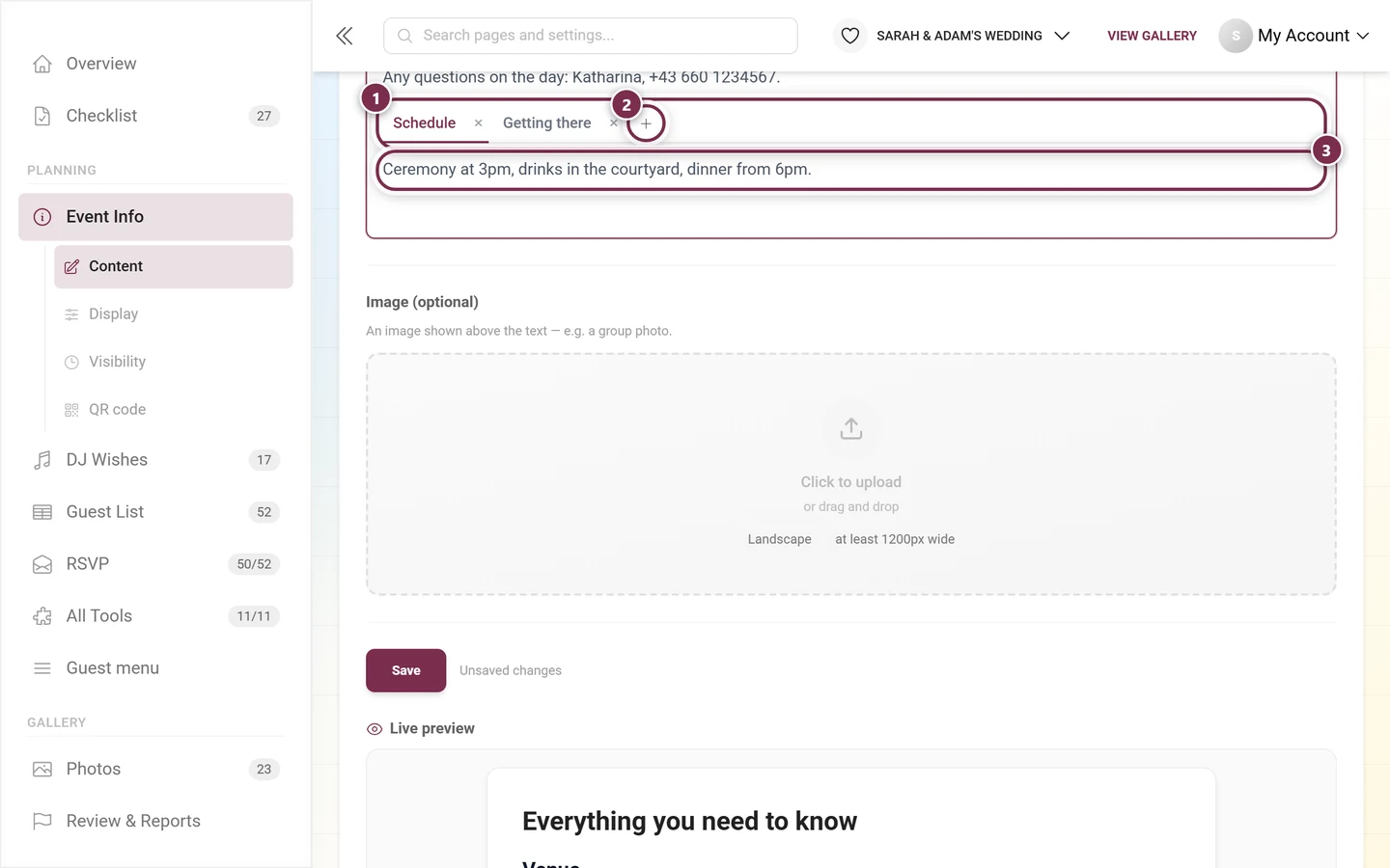 Tab block in the editor with the tab bar, plus button and the content of the active tab