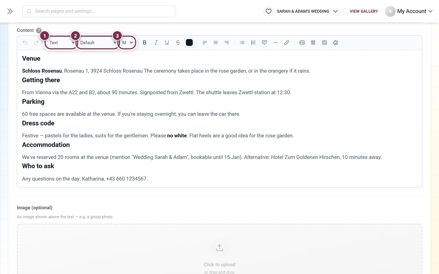 Rich-text editor toolbar with the three dropdowns highlighted