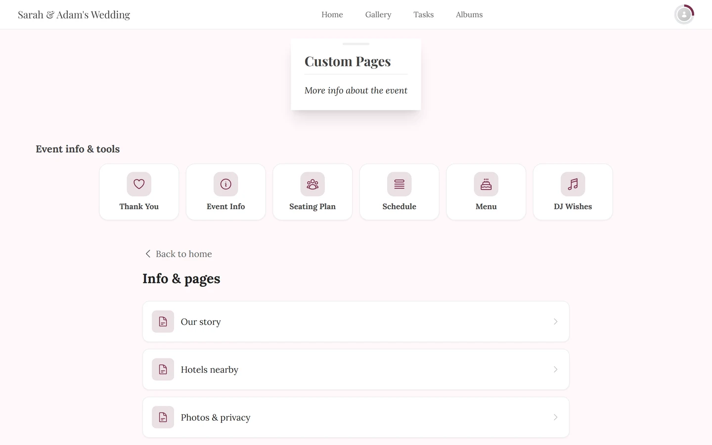 Overview of the custom pages with three entries below one another