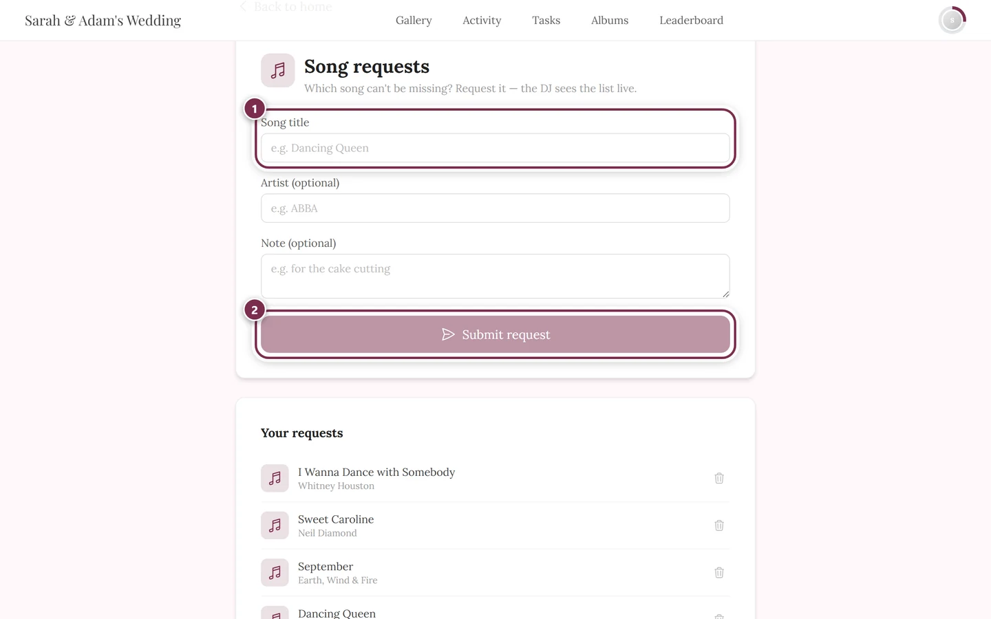 Guest request form with numbered rings around song title and submit