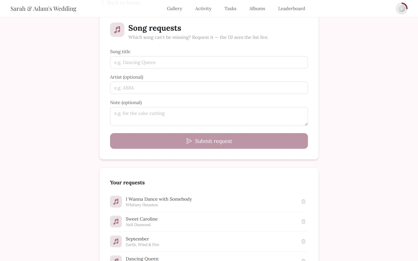Song request form with the fields song title, artist and note
