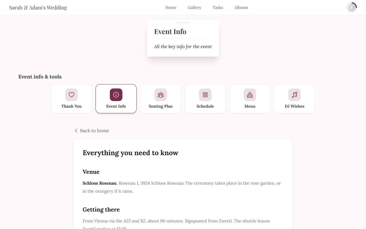 Event info tool page from the guest's view with sections on venue, getting there and parking