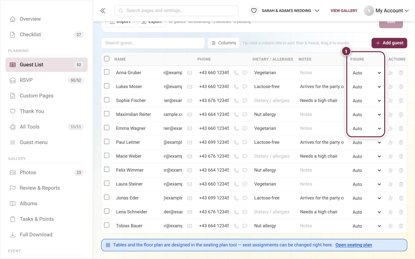 Last columns of the guest list with the figure column highlighted