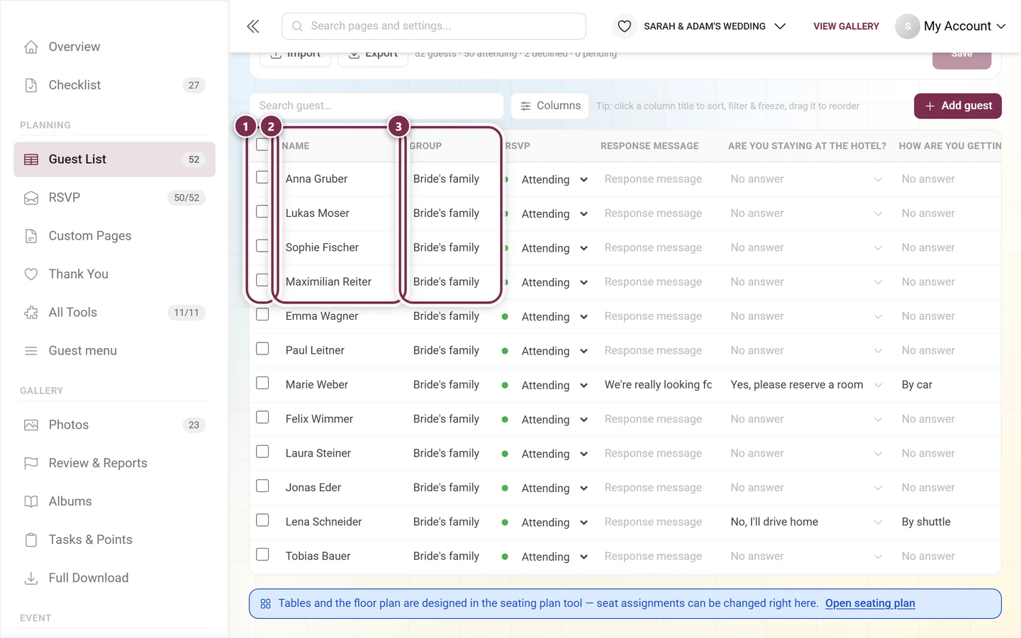 First columns of the guest list with the tick box column, name and group highlighted