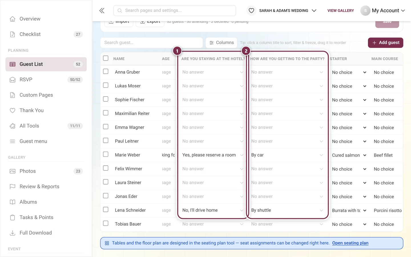 Two custom RSVP question columns in the guest list, both highlighted