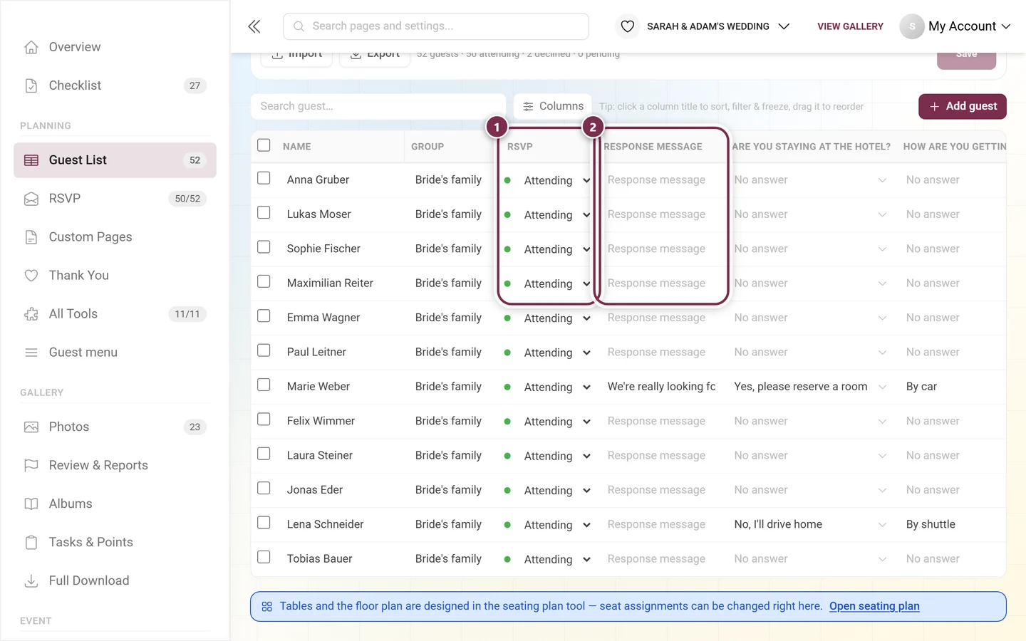 RSVP and response message columns of the guest list, both highlighted