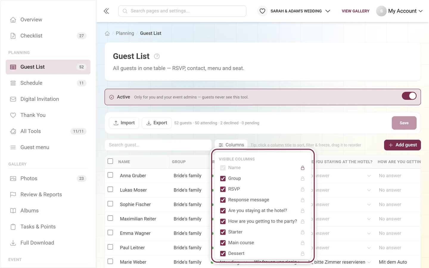 Guest list with the Visible columns menu open