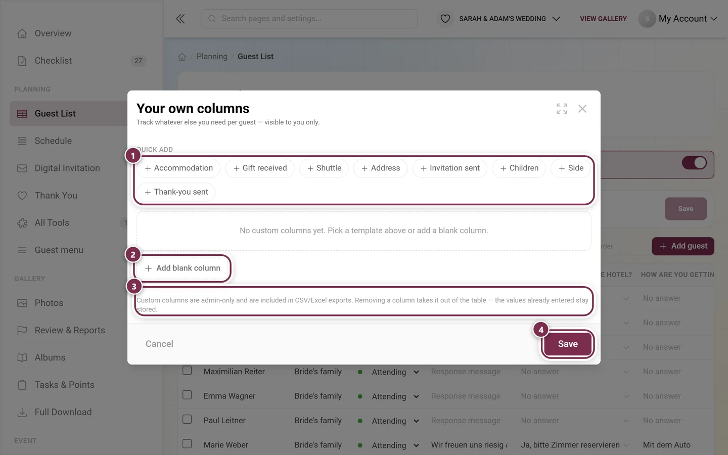 Your own columns dialog with the template grid, Add blank column, the admin-only note and Save highlighted