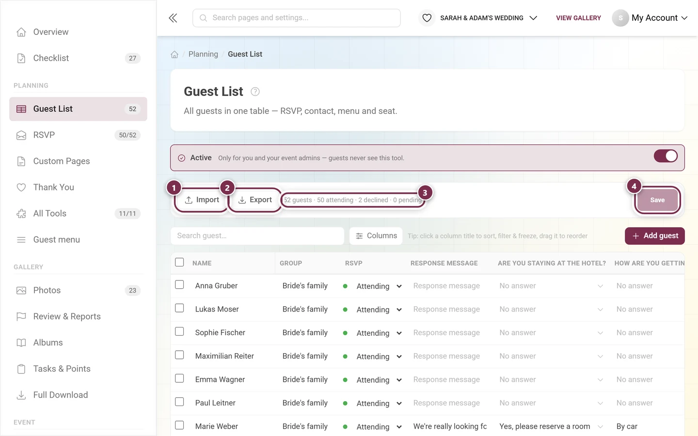 Guest list action bar with import, export, the tally and the save button highlighted