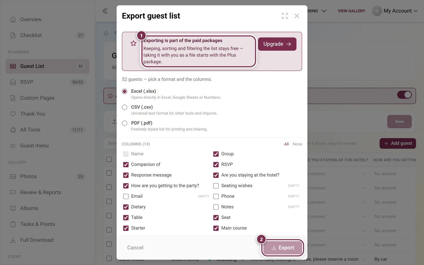 Guest list export dialog with the upgrade box and the grayed-out export button highlighted