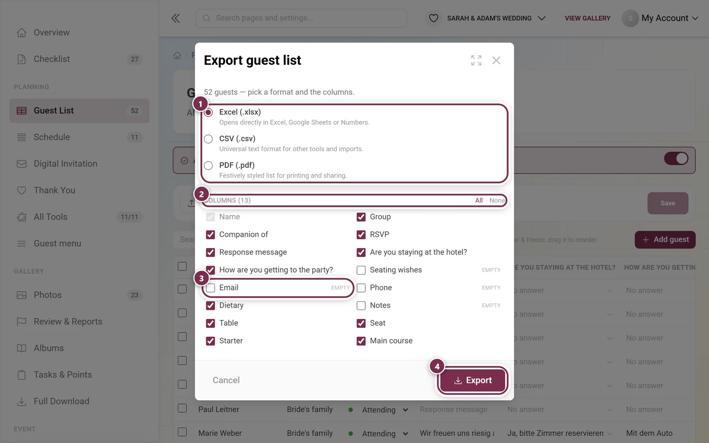 Export guest list dialog with the formats, the column picker, an empty column and the Export button highlighted
