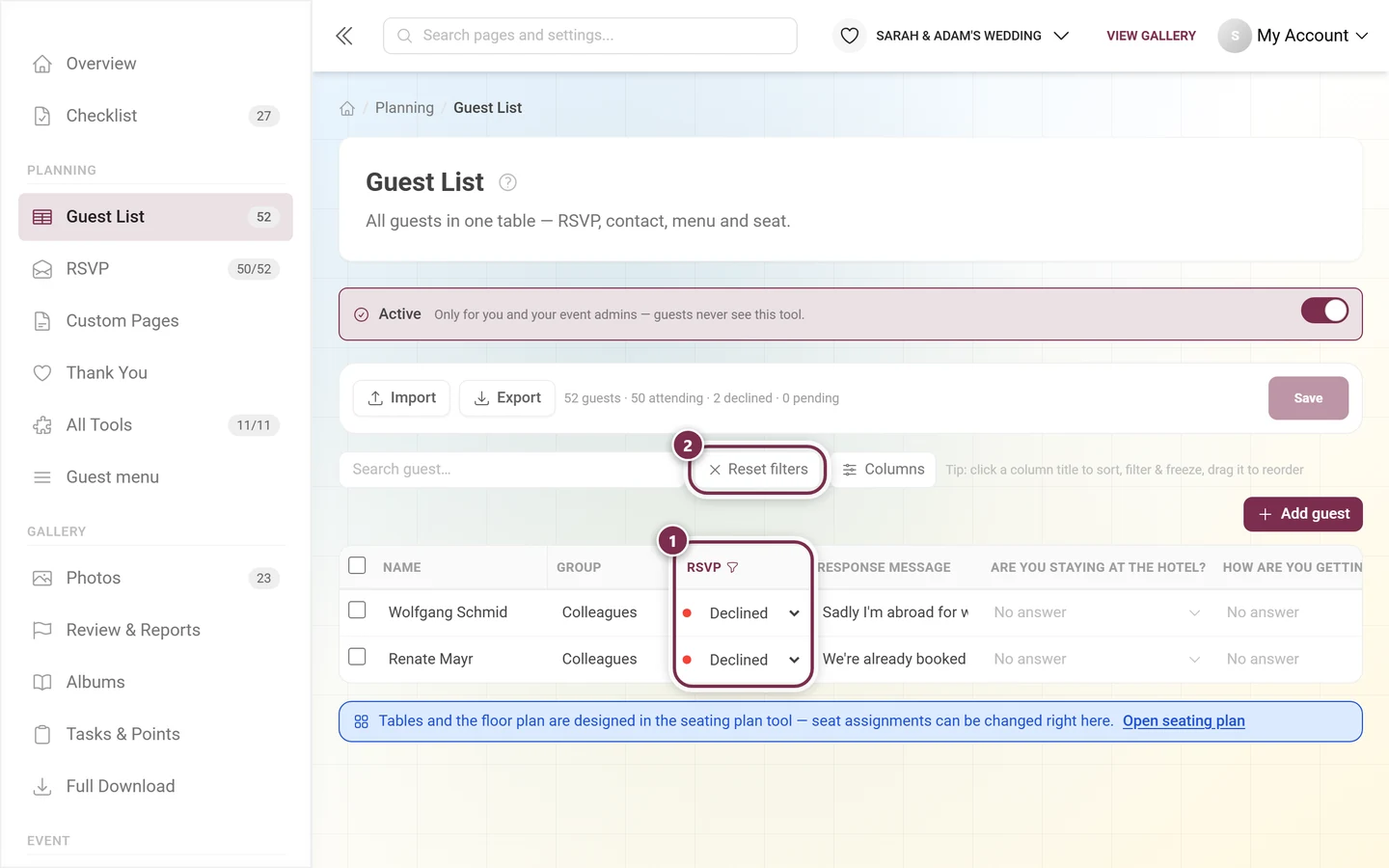 Guest list with the filtered RSVP column and the reset filters button highlighted