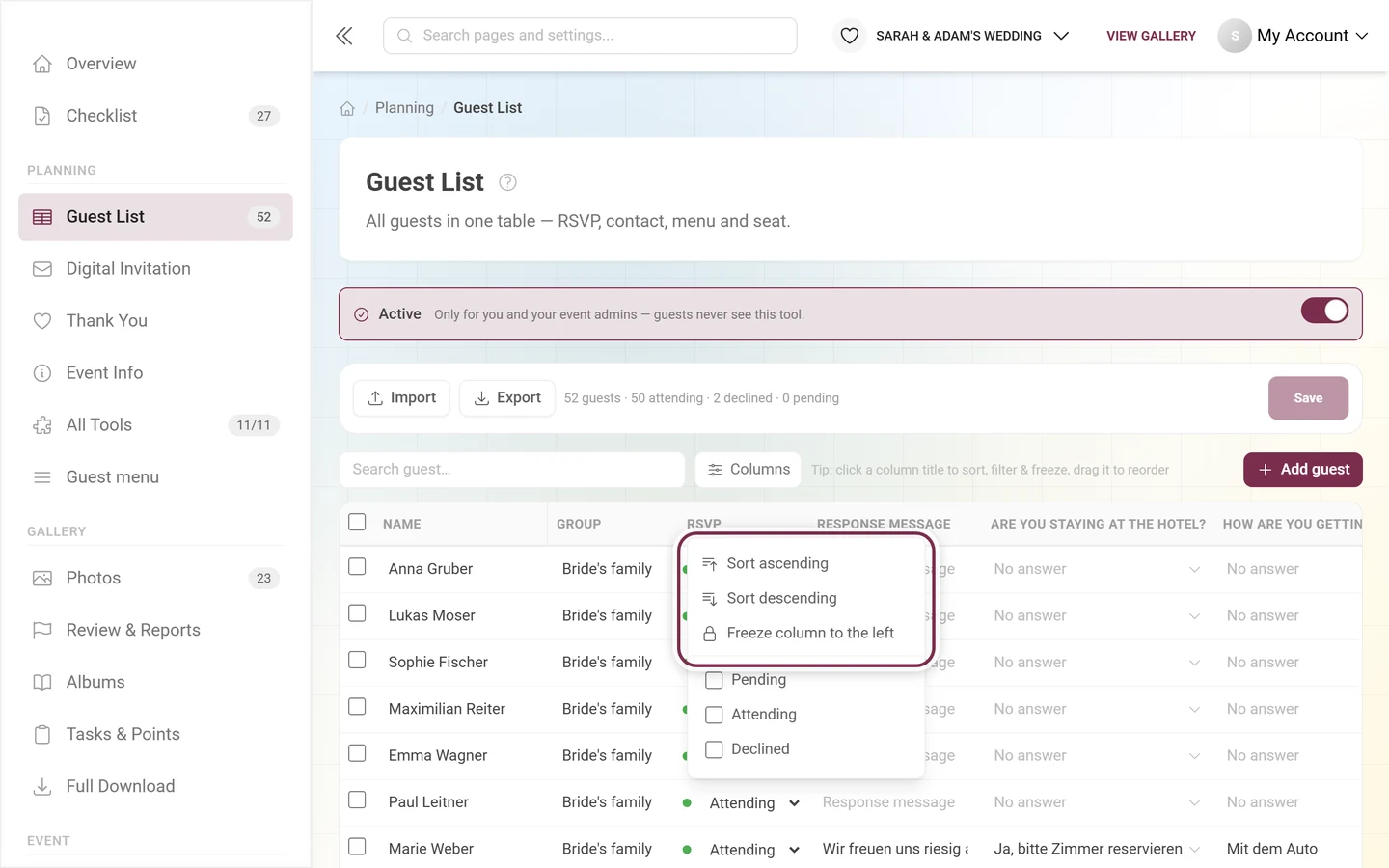 Guest list with the RSVP column header menu open, including its filter list