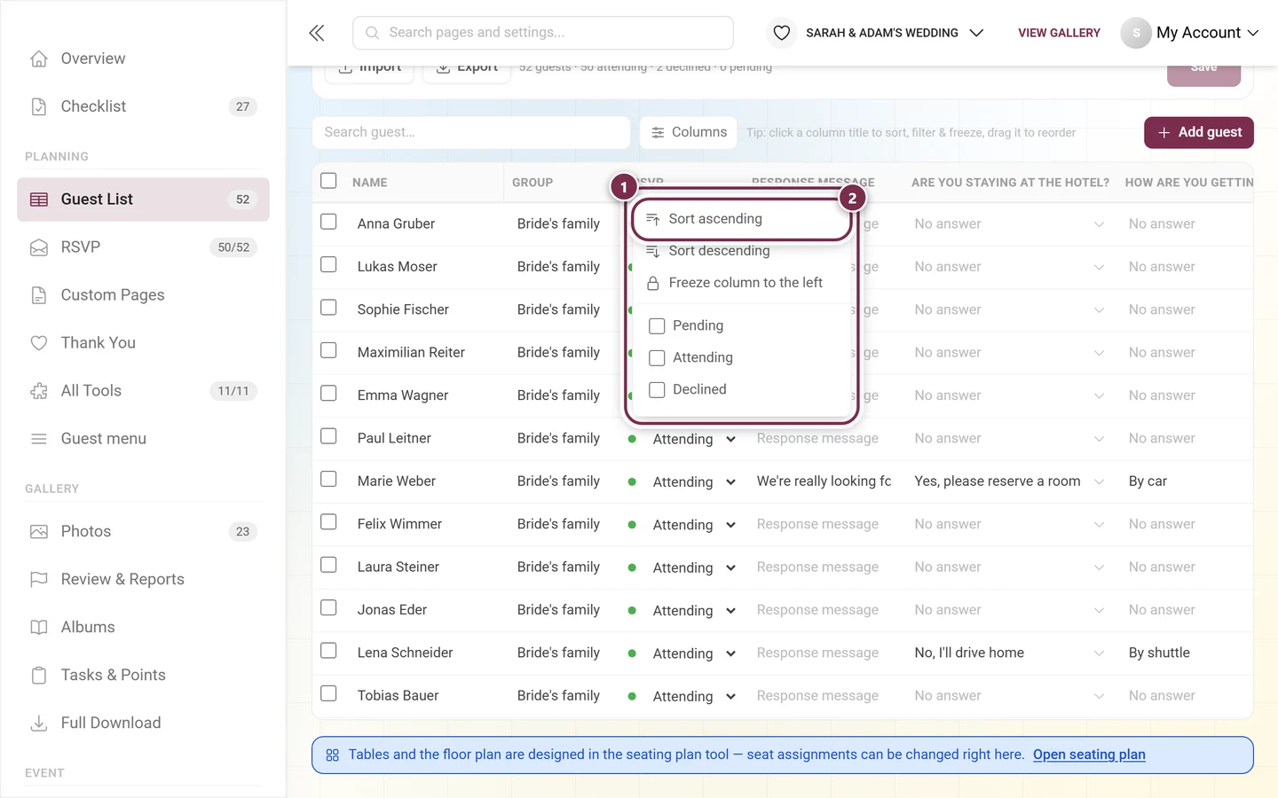 Open column menu of the guest list with the menu and the sorting entry highlighted