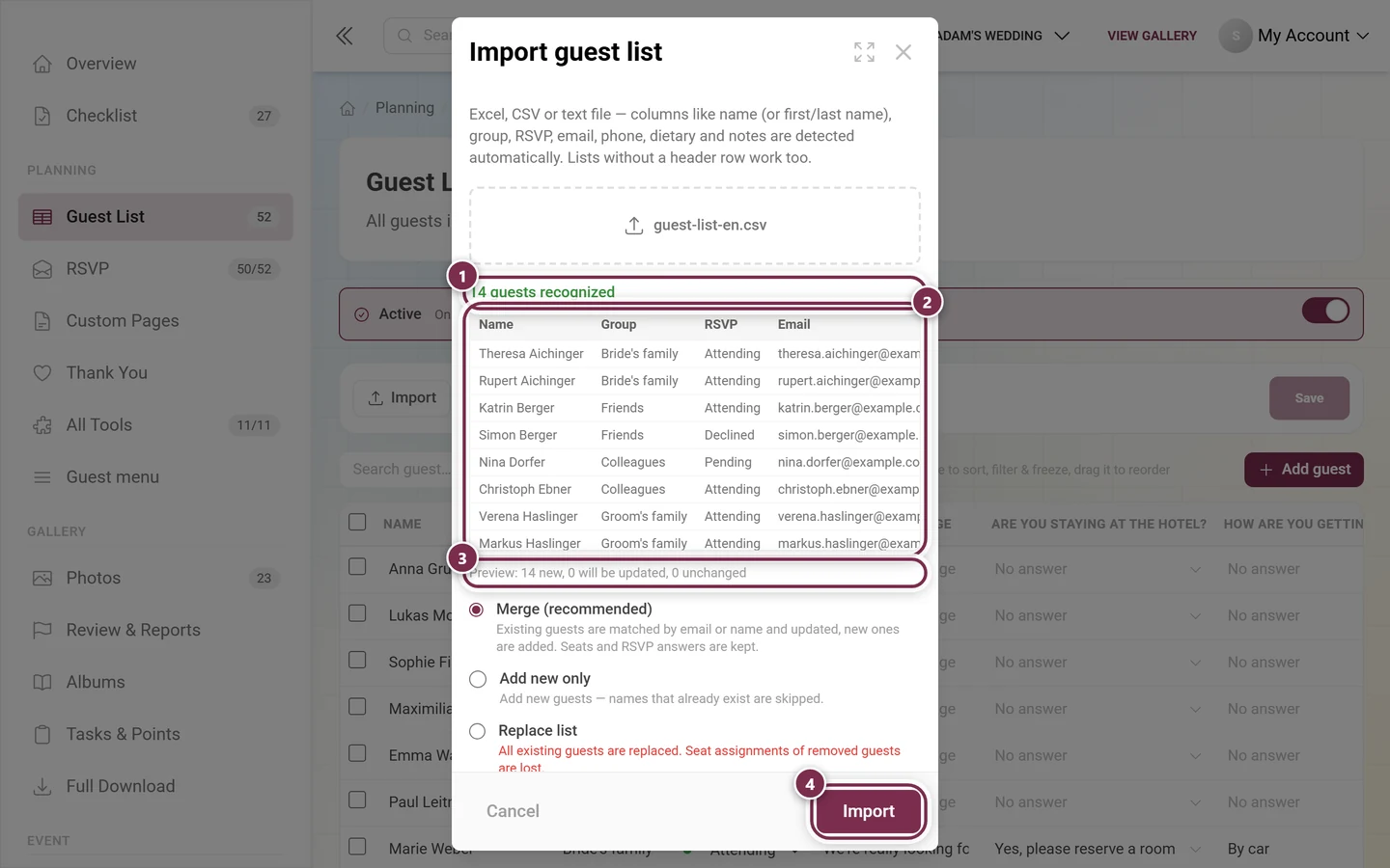 Guest list import dialog with the file row, preview table, merge preview and import button highlighted