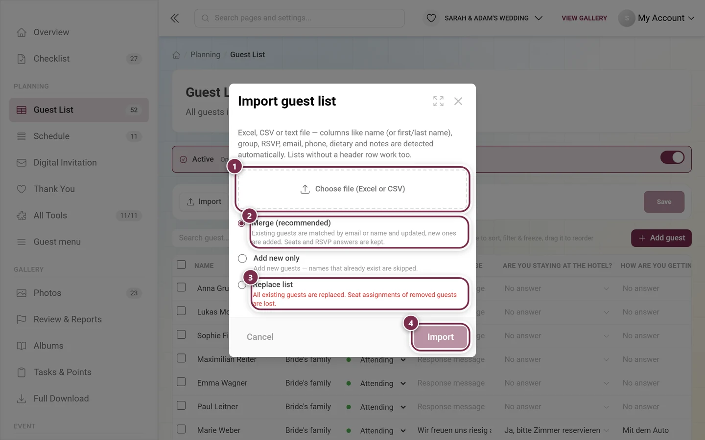 Import guest list dialog with the file picker, the Merge and Replace options and the Import button highlighted