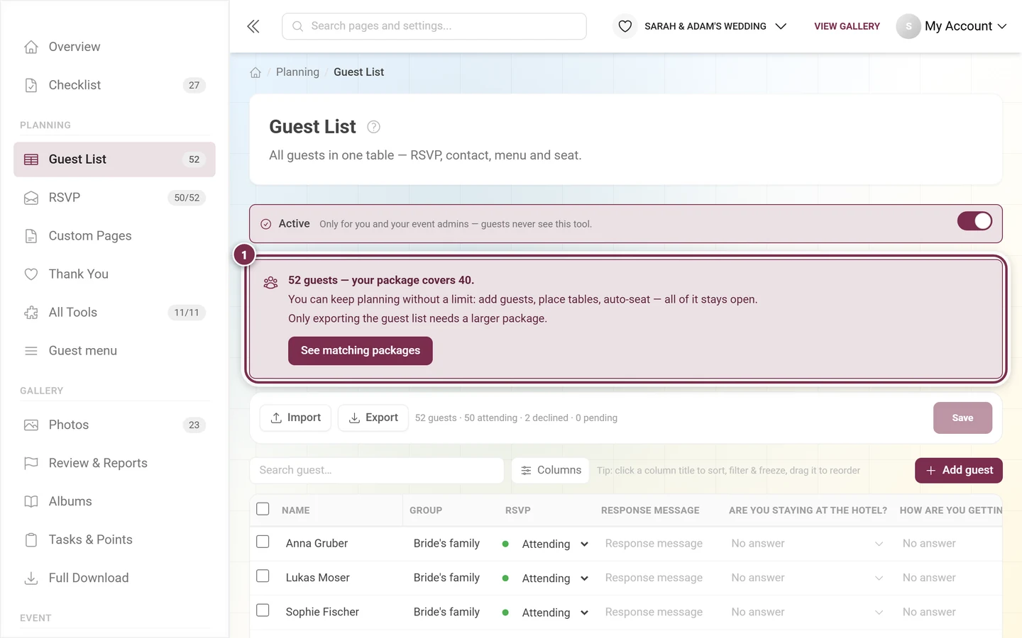Guest list with the allowance box above the action bar highlighted