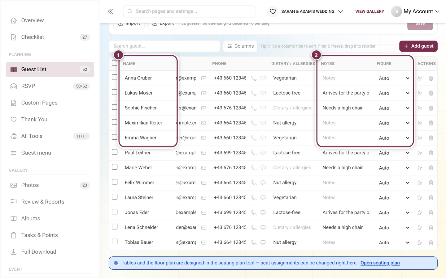Guest list scrolled far to the right with the frozen name column highlighted