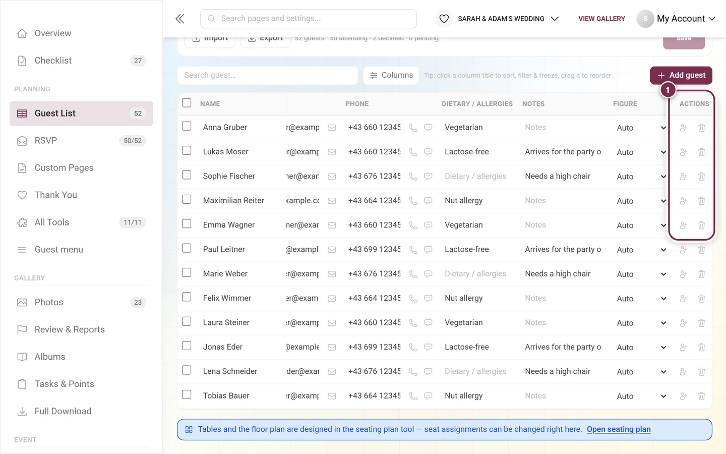Guest list with the actions column at the right edge of the table highlighted