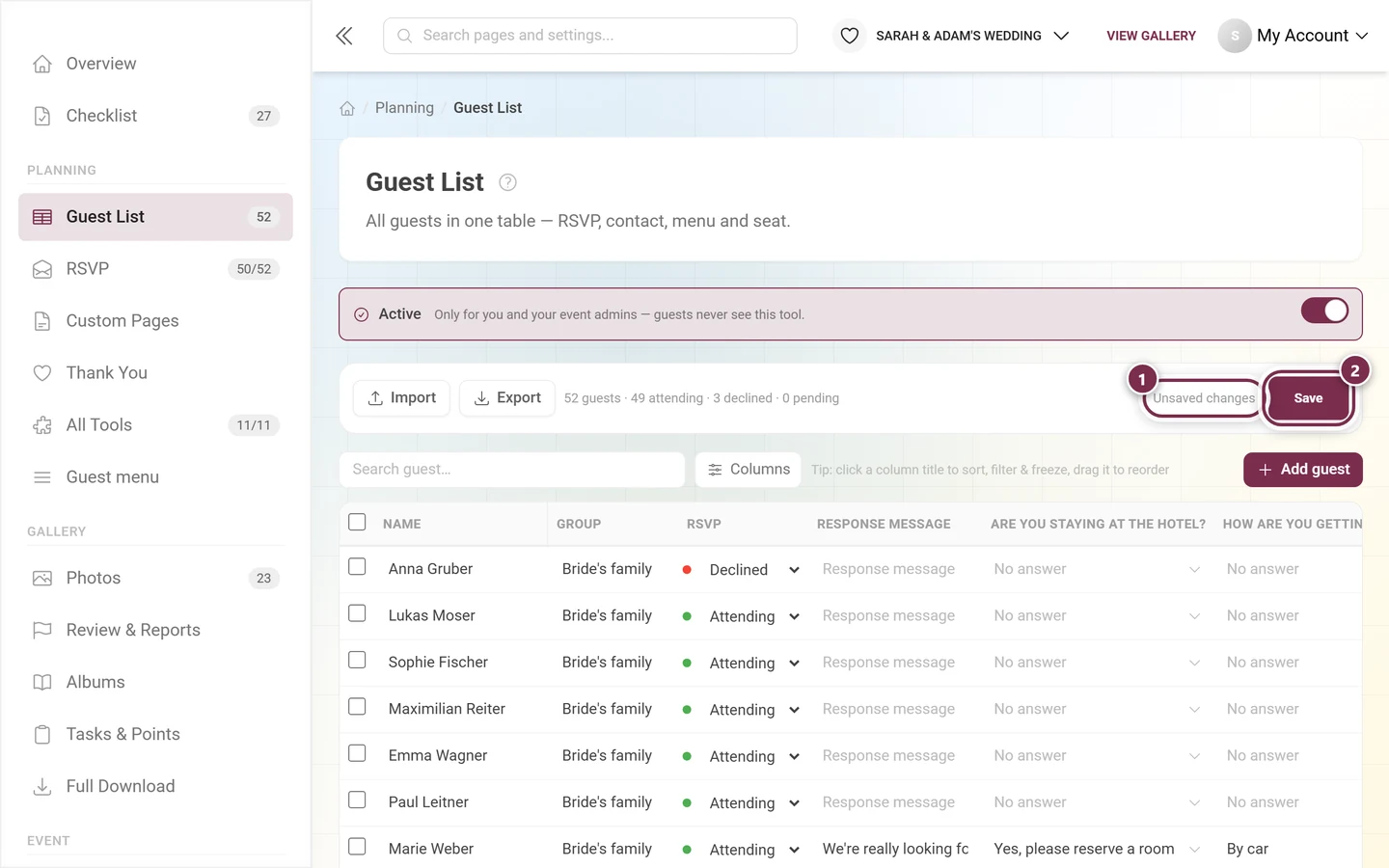 Guest list action bar with the unsaved changes note and the active save button highlighted