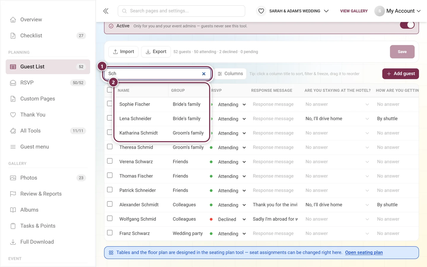 Guest list with the filled search field and the matching rows highlighted